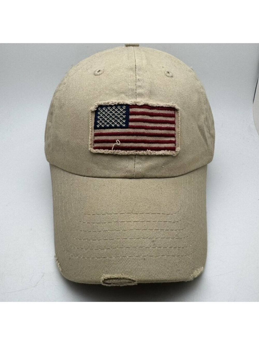 Distressed American Flag Patch Hat Cap Khaki Tan Cotton DPC Dorfman Pacific Co.